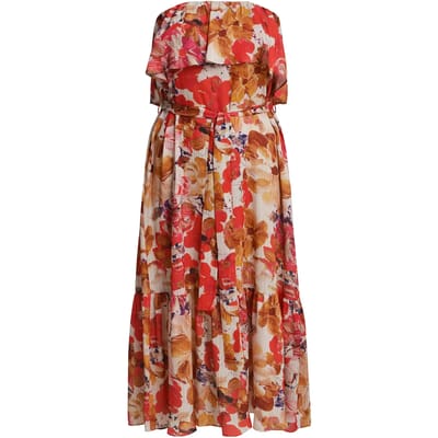 Bloemige strapless jurk met ceintuur dames Mat Fashion