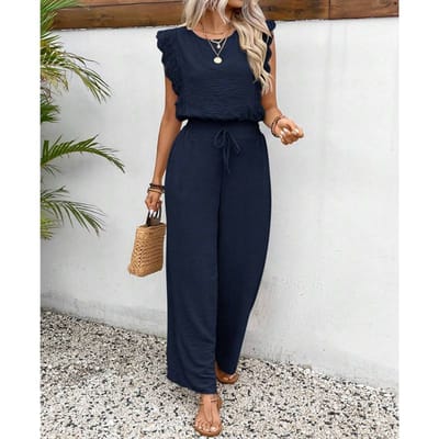 Zomer Nieuw Damespak Mouwloze O-hals Top Elastische Taille Rechte Broek Slank Slank Street 2-delige Set M marineblauwe kleur