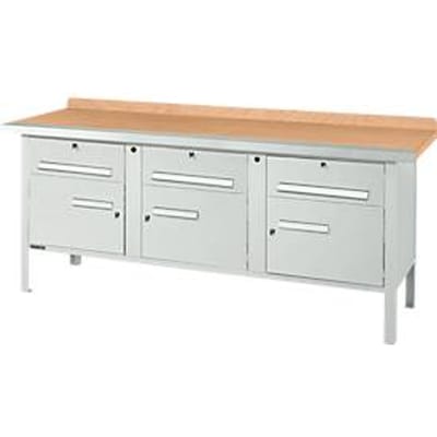 Box-type werkbank Schäfer Shop Select PW 200-5, beuken multiplex blad, met stalen rand, tot 750 kg, B 2000 x D 700 x H 840 mm, lichtgrijs