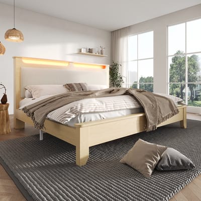 Tweepersoonsbed 180x200 - Houten Bed Met Opbergruimte In Hoofdbord - LED Verlichting - Corduroy Gestoffeerd Bedframe Met Lattenbodem - Licht Eiken Beige