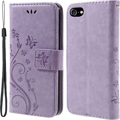 Coverup Bloemen & Vlinders Book Case - Geschikt voor iPhone SE (2022/2020), iPhone 8 / 7 Hoesje - Paars