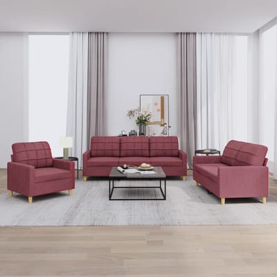 vidaXL - 3-delige - Loungeset - met - kussens - stof - wijnrood