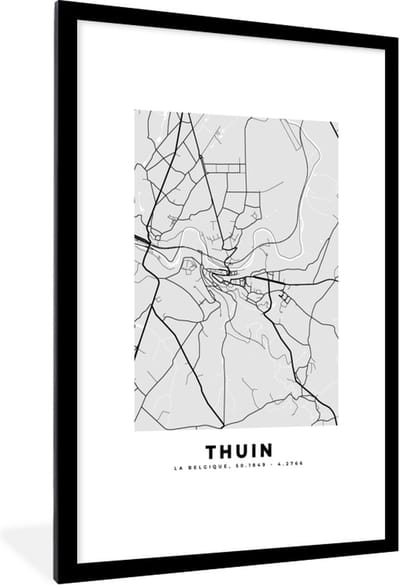 Fotolijst incl. Poster Zwart Wit- België – Thuin – Stadskaart – Kaart – Zwart Wit – Plattegrond - 80x120 cm - Posterlijst