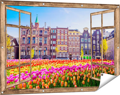 Gards Tuinposter Doorkijk Amsterdamse Huisjes met Tulpen - Kleur - 120x80 cm - Tuindoek - Tuindecoratie - Wanddecoratie buiten - Tuinschilderij