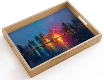 Dienblad hout 40x30 cm - Schootdienblad - Skyline - Penseelstreken - Donkerblauw - Lichtgevend - Borrelplank rechthoek - Plateau dienbladen