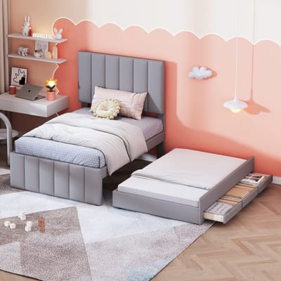 Wishdor – 2-in-1 Bed 90x200 cm – Inclusief Uitschuifbed & 3 Lades – Verstelbaar Hoofdbord – Ultieme Ruimtebesparing – Ideaal voor Kleine Kamer of Tienerkamer – Katoen/Linnen – Grijs