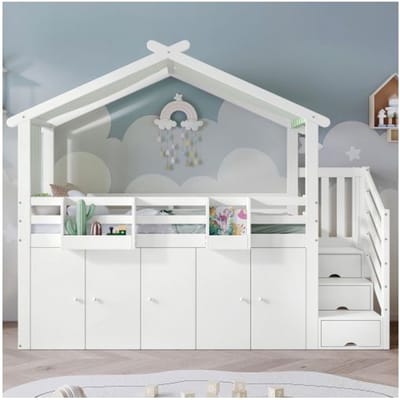 Lits superposés - MUVOE - 2 places - Blanc - Avec barrières de sécurité - Rangement intégré