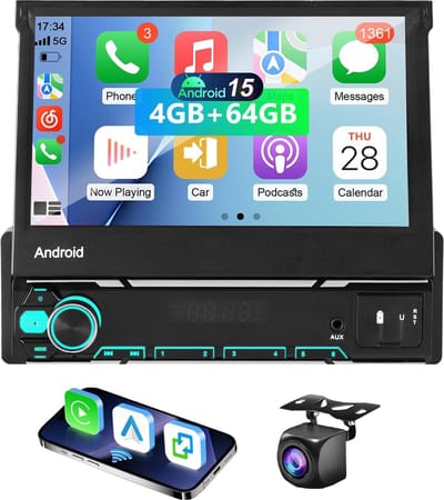 ESSGOO 1Din Autoradio - Apple Carplay & Android Auto (Draadloos) - 7" HD Touchscreen Handmatig Opvouwbaar Scherm - Android 15, 4+64GB - GPS, FM, EQ, USB, AUX, Bluetooth - Achteruitrijcamera