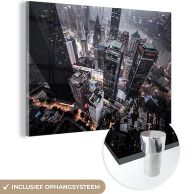 ® Glasschilderij 180x120 cm - Schilderij acrylglas - Luchtfoto van Chongqing in de avond in China - Foto op glas - Muurdecoratie woonkamer - Wanddecoratie slaapkamer - Schilderijen