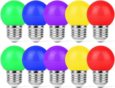 10 stuks E27 1W LED-kleurenlampen, 10W gloeilampequivalent, 101 lumen, minibollampen voor bruiloften, Halloween, Kerstmis, terras (vijf kleuren)