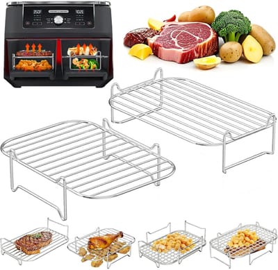 GELLDG Stapelbare accessoires geschikt voor airfryer - 2-pack - Grillrekken van roestvrij staal 304 - Geschikt voor airfryers met dubbele holte van 7,6 l tot 10,4 l - Geschikt voor Ninja, Cosori, Russell Hobbs en andere airfryers met dubbele holte