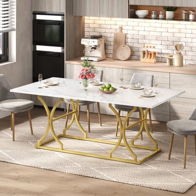 REDOM Eettafel 200x80x76 cm van MDF, marmerlook blad, gouden metalen poten, modern ontwerp, water- en krasbestendig