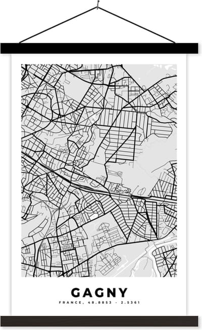 Posterhanger incl. Poster 40x60 cm - Schoolplaat - Plattegrond – Gagny – Stadskaart – Kaart – Frankrijk - Textielposter - Zwarte latten - Stadskaart