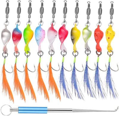 10-delige set UV actieve trout spoons met veren en sequins, 3g kunstaas voor forel, inclusief vishaak verwijderaar en flitsende lichten