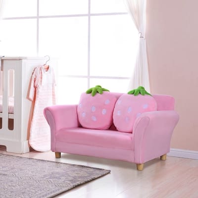 MEUNIQ kinderfauteuil kindersofa 90 x 53 x 48 cm met armleuningen, dikke schuimvulling, 2 kussens in aardbeivorm, voor kinderkamer en leeshoek, roze