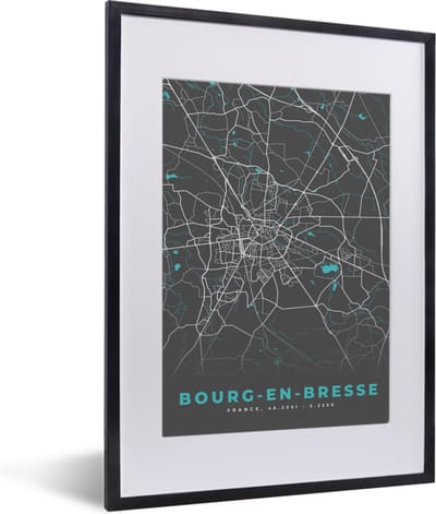 Fotolijst incl. Poster - Bourg-en-Bresse - Plattegrond - Stadskaart - Kaart - Frankrijk - 30x40 cm - Posterlijst