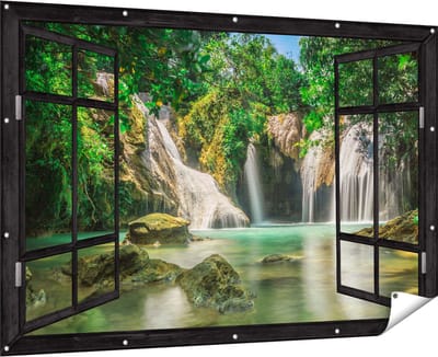 Gards Tuinposter Doorkijk Tropische Waterval - 180x120 cm - Tuindoek - Tuindecoratie - Wanddecoratie buiten - Tuinschilderij