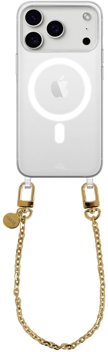 xoxo Wildhearts magnetisch hoesje geschikt voor iPhone 17 Pro Max MagSafe - Dreamy - Transparant telefoonhoesje met koord - Telefoonkoord - Gouden schakelketting - Kort koord