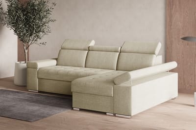 Hoekbank L met slaapfunctie, verstelbare hoofdsteunen & bedlade – Moderne slaapbank met opbergruimte – Hoekbank Luka L – Beige (Twist 01) – Rechts