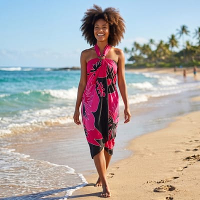 Handgeschilderd Sarong / pareo - Strandkleding wikkelrok / strandjurk - Zwart / rood hibiscus flower
