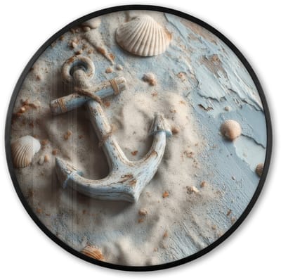 Poster in lijst Rond - Fotolijst 60x60 cm - Posters - Anker - Hout - Schelpen - Zand - Ronde posterlijst zwart - Decoratie - Wanddecoratie woonkamer - Muurdecoratie slaapkamer