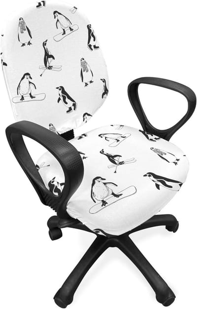 ABAKUHAUS Penguin bureaustoel overtreksel, skipinguïns in schelp, decoratieve beschermhoes van rekstof, witzwart