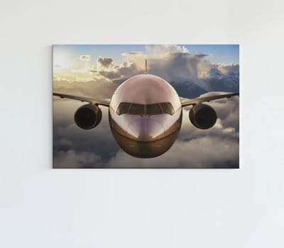 Canvas Schilderij – Vliegtuig Boven de Wolken – Moderne Wanddecoratie - 60x40x2 cm