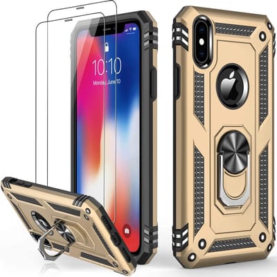 Telefoonhoesje Geschikt voor: iPhone XR hoesje Schokbestendige ring armor met 2X Glas Screenprotector goud