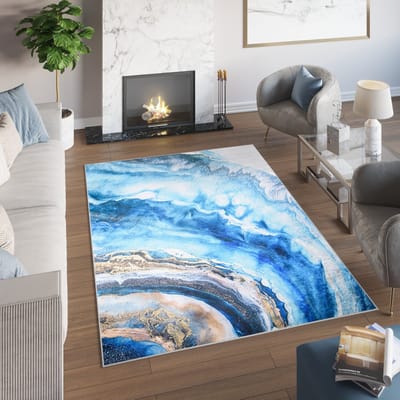 Tapiso Toscana Vloerkleed Blauw Gouden Abstract Golven Tapijt Maat- 200x300