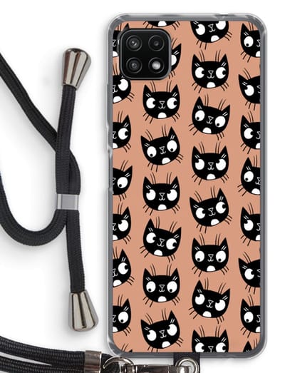 Case Company® - Hoesje met koord geschikt voor Samsung Galaxy A22 5G hoesje met Koord - Kat - Telefoonhoesje met Zwart Koord - Bescherming aan alle Kanten en Over de Schermrand