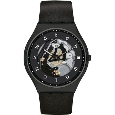 Swatch Quartz Uurwerk 30M Waterbestendig Horloge 42Mm Skelet Wijzerplaat Roestvrijstalen Kast Leren Band Unisex horloges SS07B101 Black black