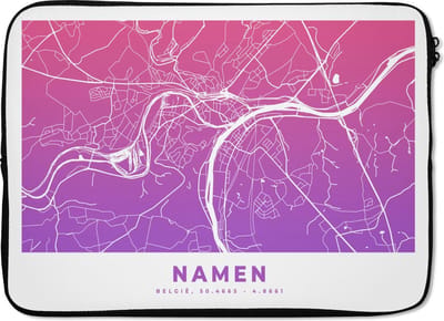 Laptophoes 14 inch - Stadskaart - Namen - Paars - België - Laptop sleeve - Binnenmaat 33x23 cm - Zwarte achterkant