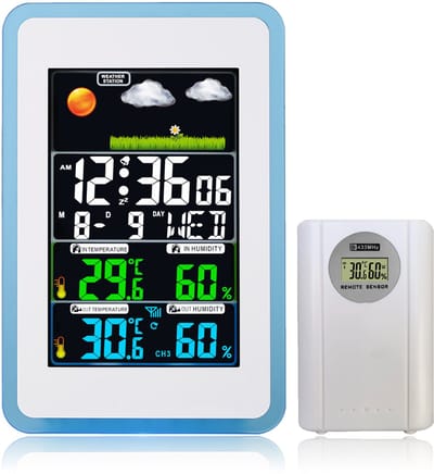 longziming Multifunctioneel Weerstation – Digitaal Scherm– 433MHz – Temperatuur & Vochtmeter – Weersvoorspelling, Tafelklok– Voor Thuis en Kantoor