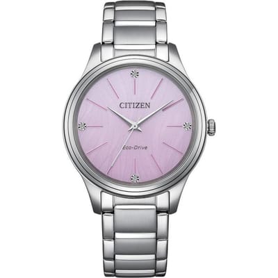 CITIZEN 50 mètres étanche, Quartz solaire, Bracelet en Acier, , Montre femme 34mm, cadran violet EM1220-58X