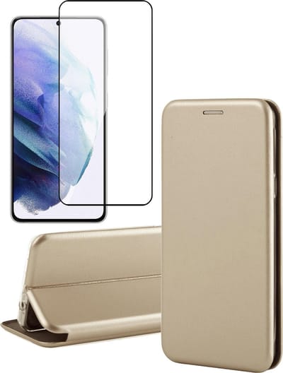 Hoesje geschikt voor Samsung S21 Plus en Screenprotector - Book Case Kunstleer Wallet Cover Hoes Goud + Screen Protector Glas Full Screen