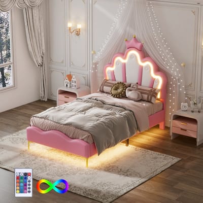 Kinderbed 90 x 200 cm met LED-verlichting, kroonprinsessenbed met in hoogte verstelbaar hoofdeinde en lattenbodem, gestoffeerd bed, meisjesbed, rugleuning, kinderbedframe, fluweel, zonder matras, roze