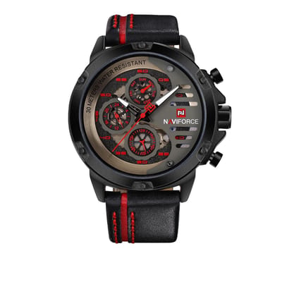 NAVIFORCE horloge voor mannen,  met zwarte lederen polsband, zwarte horlogekast en grijze + rode wijzerplaat met in het donker oplichtende wijzers ( model 9110 BRB ), verpakt in een mooie geschenkdoos