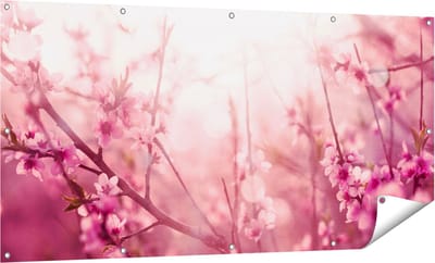Gards Tuinposter Roze Bloesemboom met Zonneschijn - 160x80 cm - Tuindoek - Tuindecoratie - Wanddecoratie buiten - Tuinschilderij