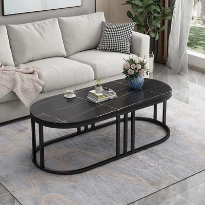 Ovale Salontafel - Middentafel Thee - Woonkamer Decoratie - Gesinterde Steen Blad - 100x50x45cm - Zwart