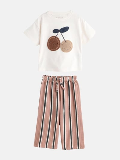 Next - Meisjes - Set van T-shirt met korte mouwen en broek met wijde, ronde pijpen - Bruin