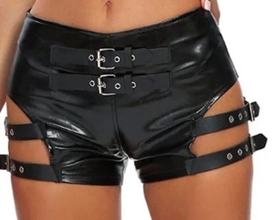 BamBella® Nep leer Shorts - Maat S/M - Wetlook korte broek Dames - Zwart met Riemen
