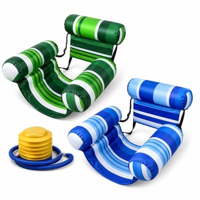 Opblaasbare Zwembadmatras voor Volwassenen - 2 Stuks - Luxe Drijvende Loungestoel met Verstelbare Rugleuning - Comfortabele Waterhangmat - Perfect voor Zwembadfeest, Strand en Meer - Zomer Cadeau-Blauwe strepen , groene strepen