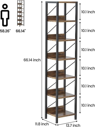 Smalle boekenplank -vintage hoekplank met 6 planken- slanke industriële opbergplank van hout en metaal met anti-kantelmechanisme voor woonkamer- kantoor--30x30x168 cm