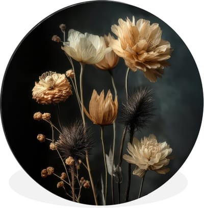 WallCircle - Wandcirkel - Muurcirkel - Boeket - Bloemen - Licht - Zwart - Aluminium - Dibond - 30x30 cm - Binnen en Buiten
