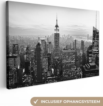 Canvas schilderij - New York zwart wit 90x60 - Kamer decoratie accessoires - Huisdecoratie steden - Schilderijen woonkamer - Wanddecoratie slaapkamer - Muurdecoratie keuken - Wanddoek interieur binnen - Woondecoratie huis - Woonaccessoires