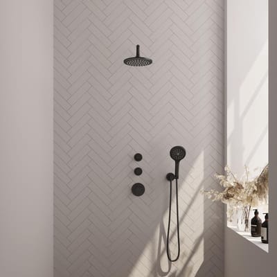 Brauer Black Carving Thermostatische Regendoucheset Inbouw - Hoofddouche 20 cm - Gebogen Wandarm - Handdouche 3 Standen - Doucheslang - Wandaansluitbocht - Mat Zwart