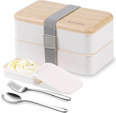 SnelShoppen - Originele Bento Box Lunchdozen Set met Verdelers, Japans Design, RVS Bestek Lepel en Vork, Wit, Perfect voor Werk, School en Gezonde Maa