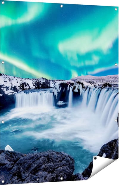 Gards Tuinposter Watervallen met het Groene Noorderlicht - 90x120 cm - Tuindoek - Tuindecoratie - Wanddecoratie buiten - Tuinschilderij
