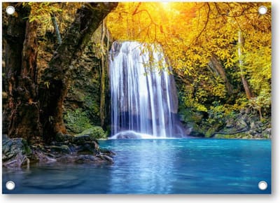 Oase aan waterval - Erawan waterval in de herfst, Thailand - Tuinposter 70x50 - Wanddecoratie - Landschap - Natuur