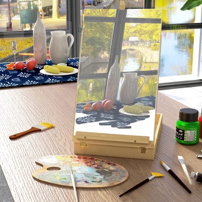 MEUNIQ Tafelstaffelei van beukenhout 41,5 x 27 x 74,5 cm verstelbaar en opvouwbaar met opbergruimte, draaggreep en koffermodel voor schilderen en tekenen